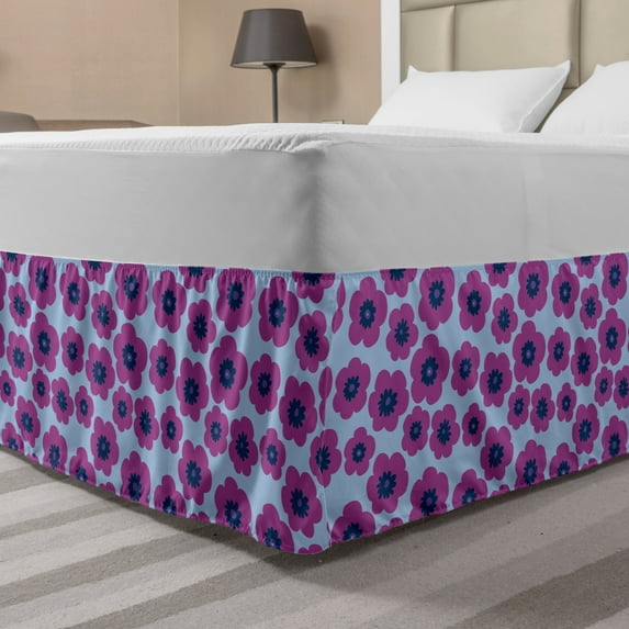 Vibrant Bed Skirt, Repetitive Basic Hand Drawn Pink Poppies Purple Tones Print, Elastic Bedskirt Dust Ruffle Wrap Around for Bedding Decor, 4 Sizes, Fuchsia Blue Violet, by Ambesonne