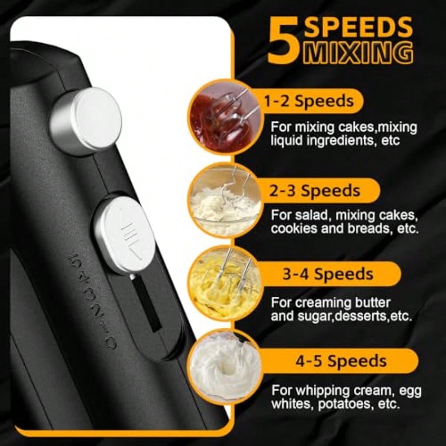 5-Speed Hand Mixer Electric 300W Compact Handheld Mixer Portable Kitchen Egg Beater with 5 Attachments and Storage Bag Cake Supplies for Bread Dough Baking Lightweight Black
