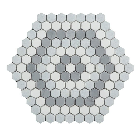 Honeycomb 1" Hexagon Thassos White, Blue Celeste & Bardiglio Marble Mosaic Tile - Case (10 Sheets)