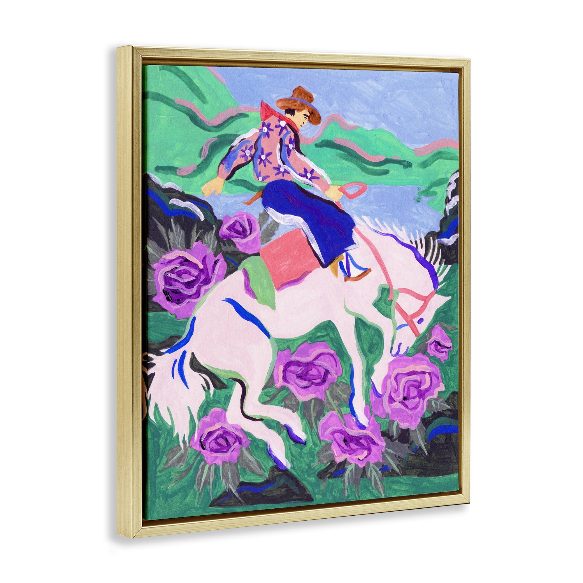 Stupell Industries Bold Hued Cowboy & Horse Animals Painting Gold Floater Framed Canvas Art Print Wall Art, 17 x 21