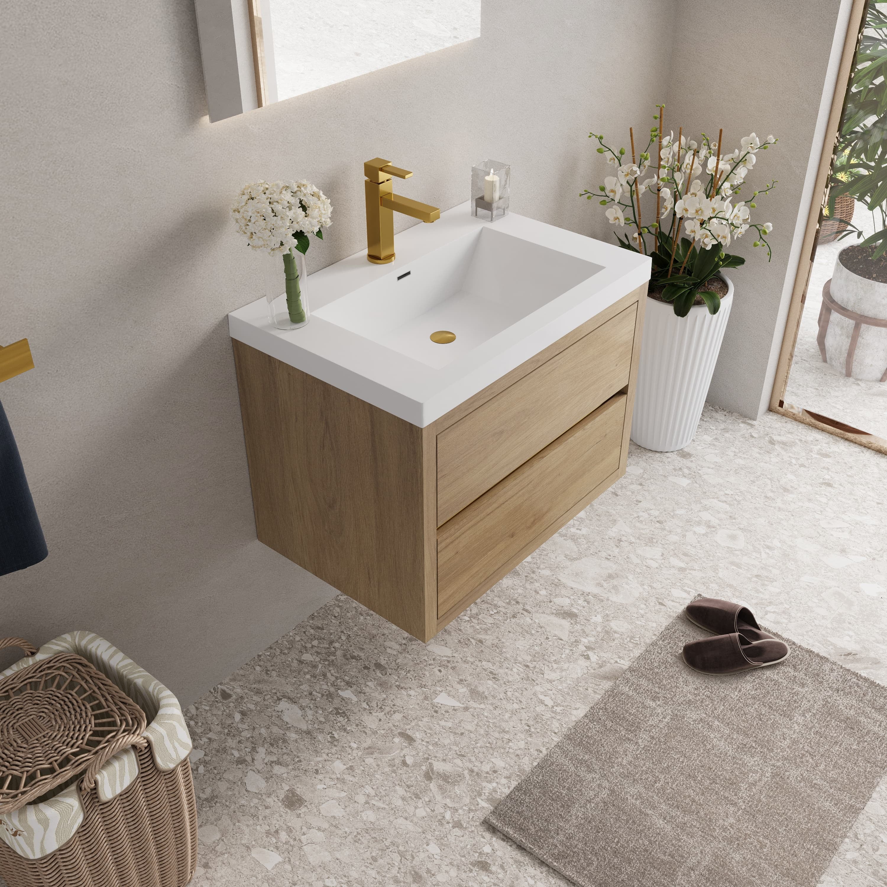 Abruzzo 30" Natural Oak Wall-Mounted Bathroom Vanity with Sink – Stone Resin Countertop & Soft-Close Drawers, Waterproof Wood Cabinet for Small Bathrooms