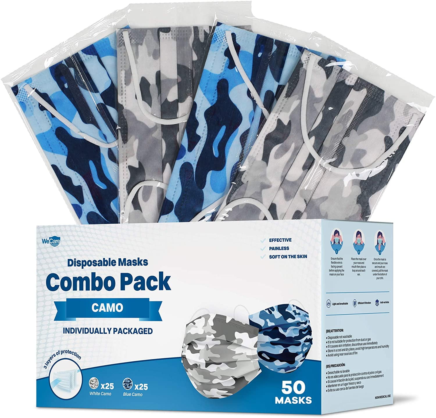 WeCare Disposable Face Mask, 3-Ply with Ear Loop (50 Individually Wrapped) - Combo Pack - Camo Print