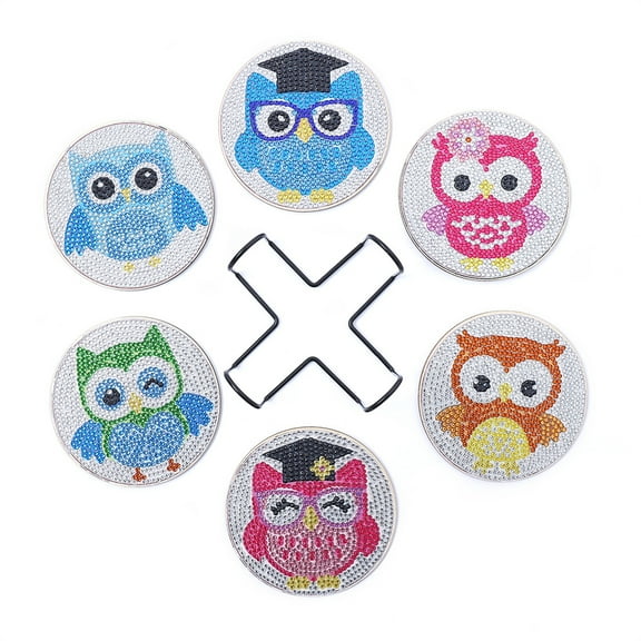 6pcs Diamond Painting Coasters Kits,5D DIY Diamond Art Coaster Kits with Holder, Small Diamond Painting Kits for Adults & Kids Art Craft Supplies(Colored Owl Diamond Painted Coaster)