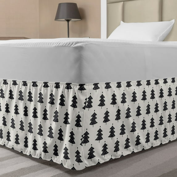 Christmas Bed Skirt, Fir Tree Silhouettes with Stars Noel Themed Woodland Illustration, Elastic Bedskirt Dust Ruffle Wrap Around for Bedding Decor, 4 Sizes, Charcoal Grey and Ivory, by Ambesonne