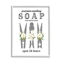 Stupell Industries Floral Clothespin Silhouette Vintage Script Soap Signage Graphic Art White Framed Art Print Wall Art, Design by Lettered and Lined