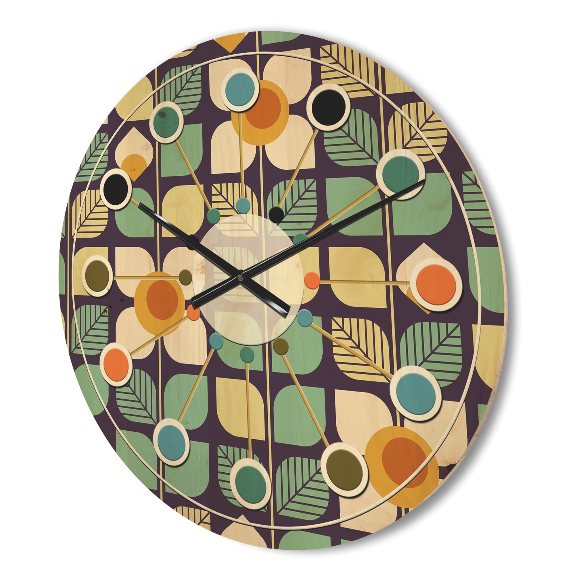 Designart 'Botanical Retro Pattern Design III' Mid-Century Modern Wood Wall Clock