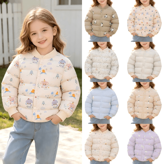 Wilark Girls Cute Graphic Print Padded Puffer Jackets Causal Long Sleeve Stand Collar Snap Fall Winter Quilted Lightweight Warm Outerwear Pink 2-6