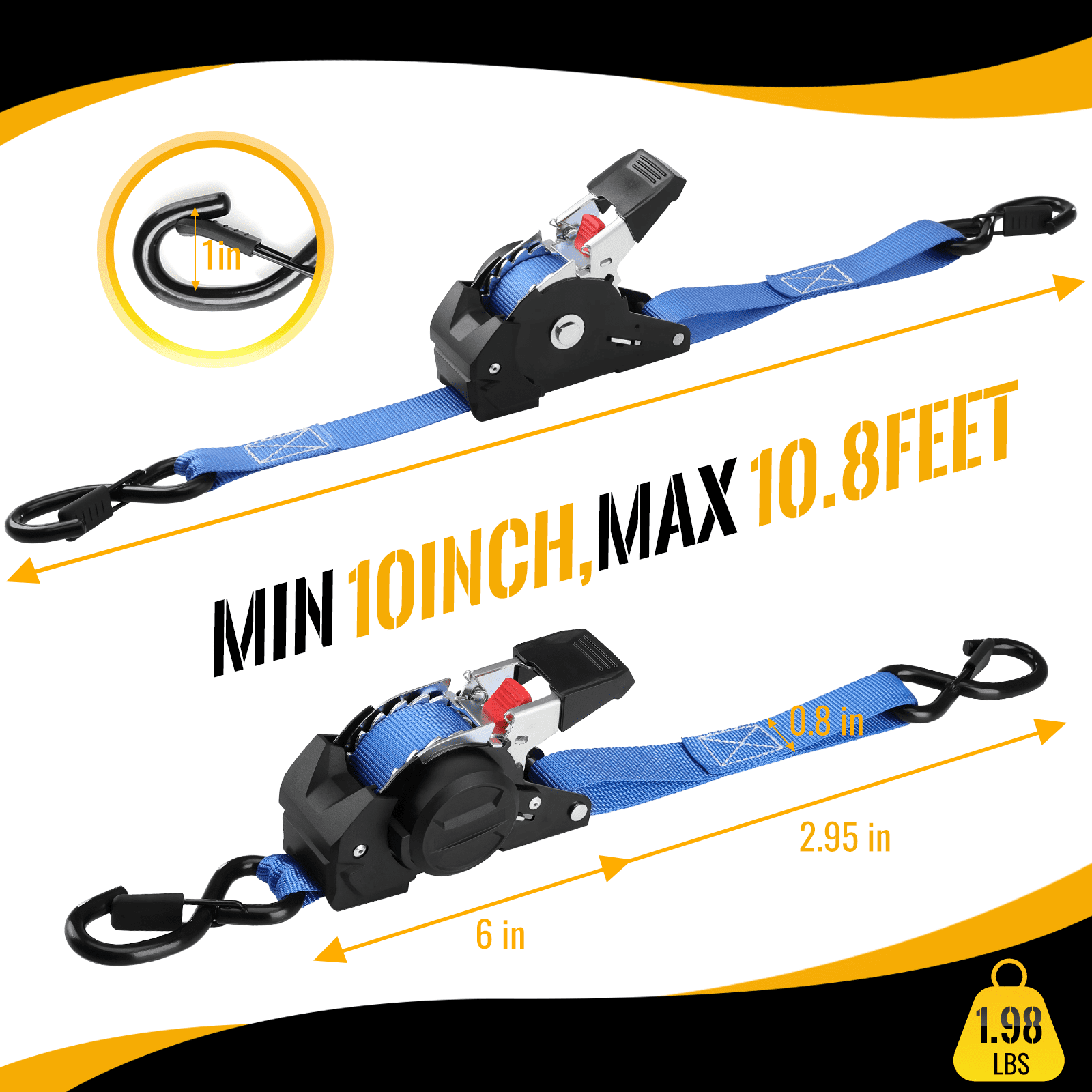 TLGREEN Retractable Ratchet Straps, 4Pack,1” x 10’ 1650lb Break Strength Heavy Duty Auto Self Retracting Tie Down Straps for Truck, Cargo, Motorcycle, ATV, UTV,Boat (Blue)