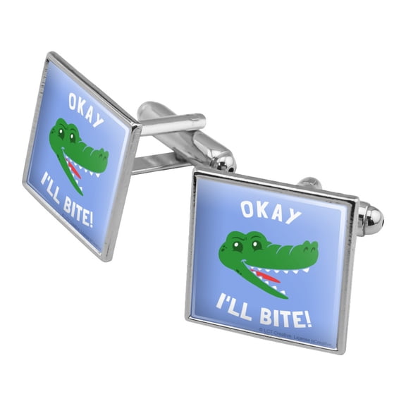 Okay I'll Bite Crocodile Alligator Funny Humor Square Cufflink Set - Silver or Gold