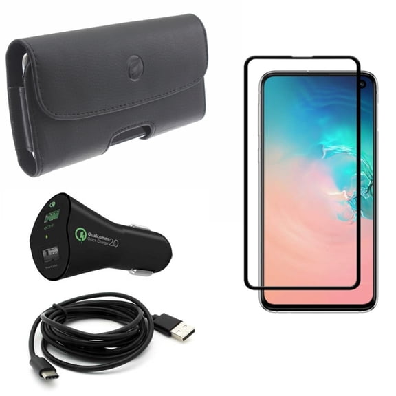 Galaxy S10e Case Belt Clip w Car Charger w Screen Protector - Leather Holster Cover, 30W Fast 2-Port USB 6ft Cable, Tempered Glass 5D Curved Edge for Samsung Galaxy S10e Phone