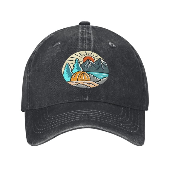 Vintage Camping Nature Baseball Cap Golf Dad Hat Adjustable Washed Denim Trucker Hats Unconstructed Snapback Cap for Men Women Unisex Adult,Black
