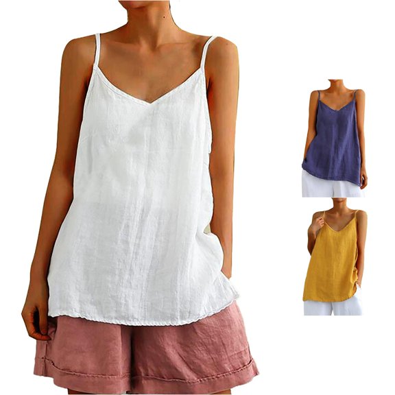 Linen Tank Tops for Women Casual Spaghetti V Neck Strap Tank Top Relaxed Tank Top Size L