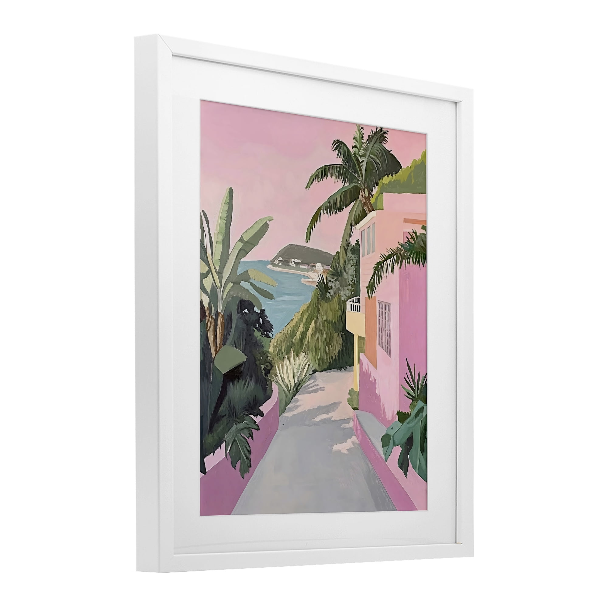 Stupell Industries Mediterranean Pink Coastal House White Framed Print Under Glass, design by The Prints Vibe