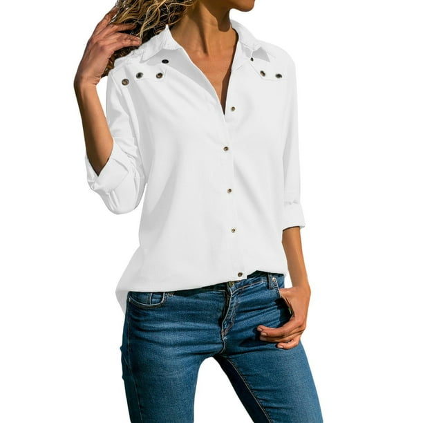 Women's White Stylish Button Detail Long Sleeve Blouse 