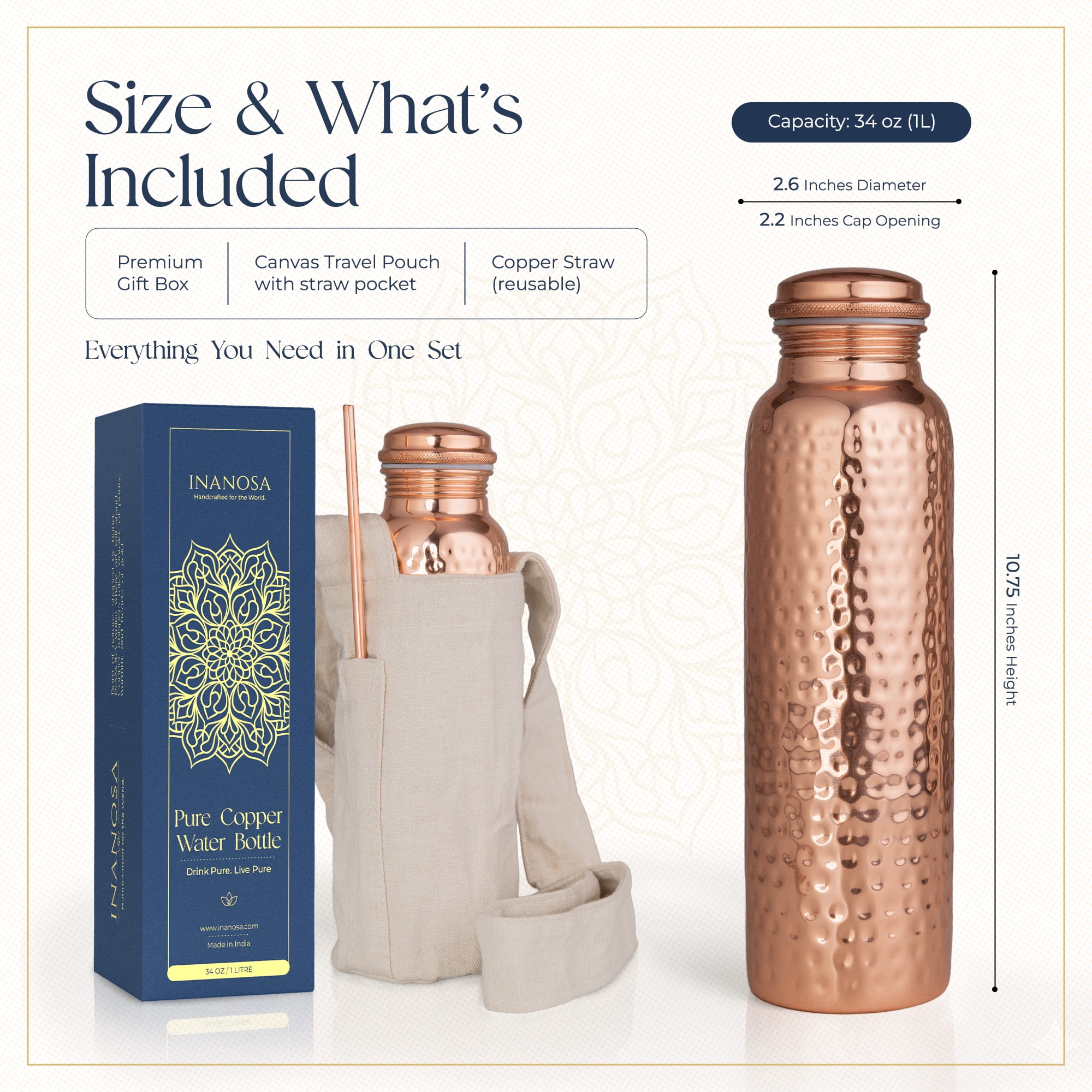 INANOSA 34 oz (1 L) Copper Water Bottle – Pure Copper Metal Bottle with Leakproof Lid – Hammered Finish, Reusable Eco Friendly Bottle for Home, Gym, Office & Travel