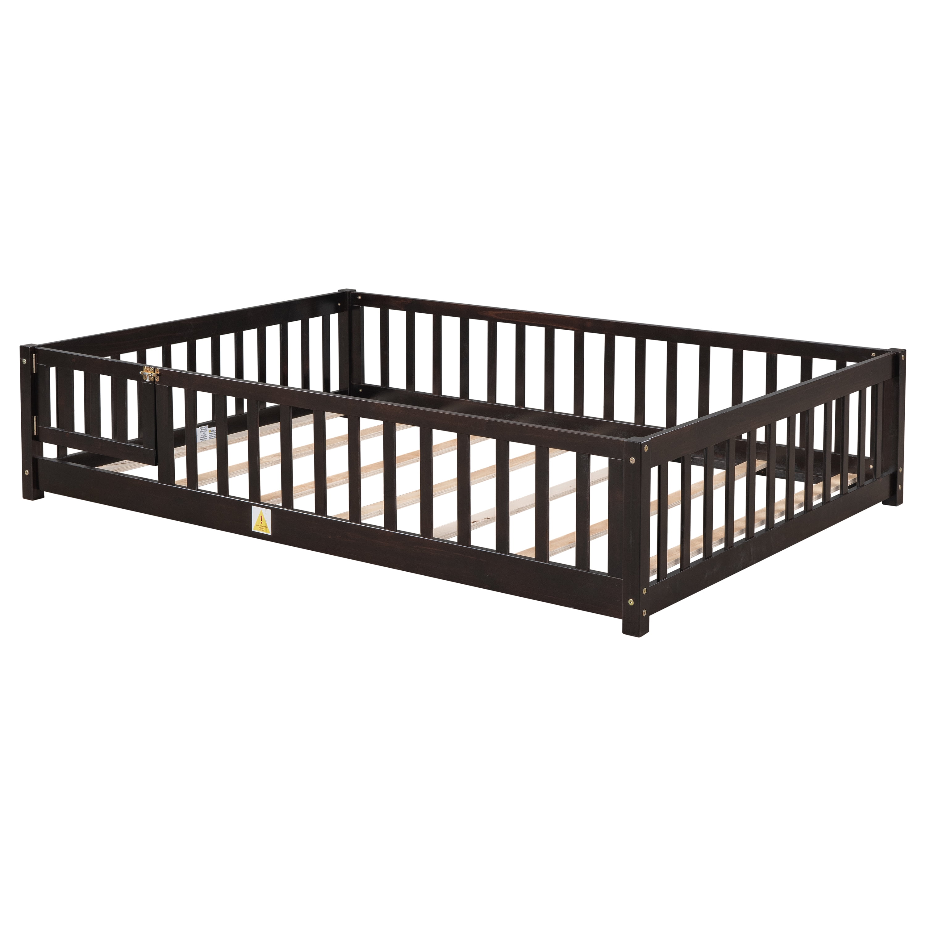 Bellemave Full Size Floor Beds with Door, Wood Montessori Bed with Fence Railings & Support Slats, No Box Spring Needed (Espresso)