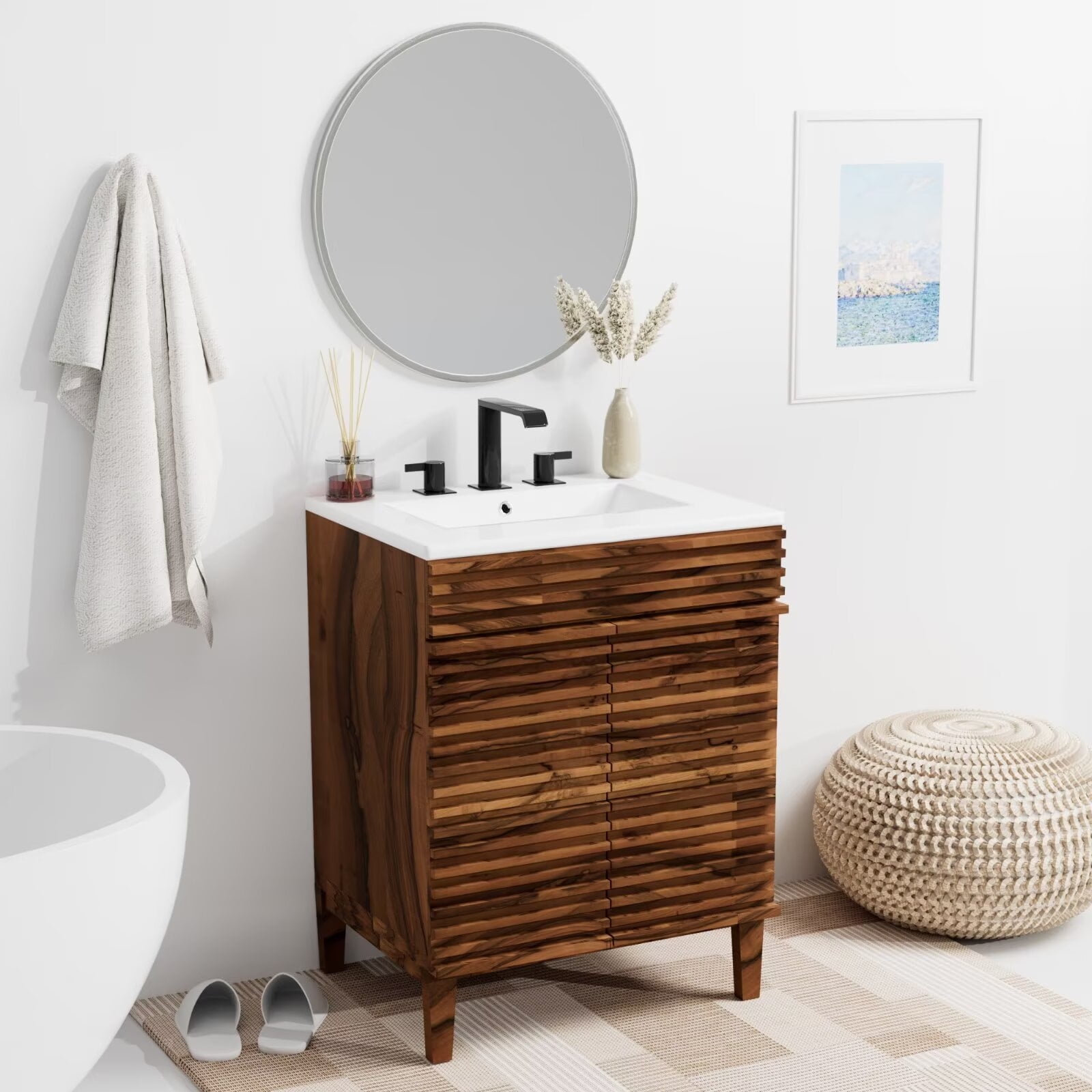 Nature Acacia Wood Bathroom Vanity with Integrated Ceramic Sink, 24" Freestanding Bathroom Vanity Cabinet with 2 Invisible Soft Closing Doors, Acacia Wood Grain