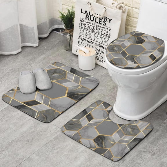 Gray Gold Hexagon Marble Pattern Bathroom Rugs Sets 3 Piece,Toilet Cover Set,Absorbent Non Slip Bathroom Mats Sets with U-Shaped Contour Rug Toilet Rug Set