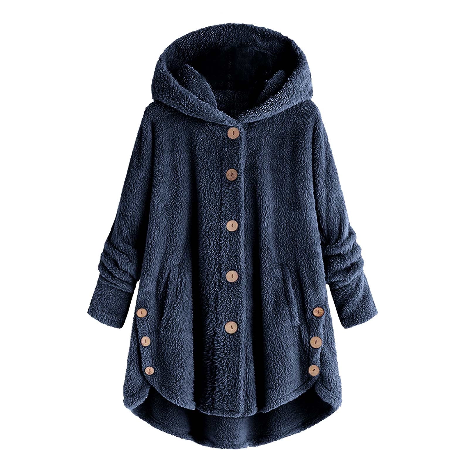 Womens Winter Coats Hooded Plus Size S-5X Fleece Button-Down Long Sleeve Jackets Ladies Casual Solid Soft High Low Hem Warm Outerwear Coat