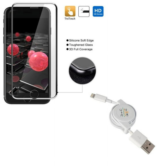 iPhone 8/7/6S/6 - Tempered Glass Screen Protector w Retractable USB Cable - 3D Curved Edge Full Cover HD Clear 9H Hardness, Charger Power Cord Sync Wire for iPhone 8/7/6S/6