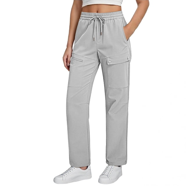 TaTaai Women's High Waist Cargo Trousers Solid Color Full Length Tapered Fit with Elastic Waistband Drawstring and Cargo Pockets for Hiking and Daily Utility Gift