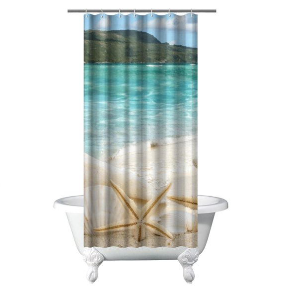 Seashells and Starfish Shower Curtain Featuring Tropical Nautical Seahorse, Coral, and Fish Pattern, Vintage Ocean Marine Beach Design, Waterproof Fabric Curtain with Hooks