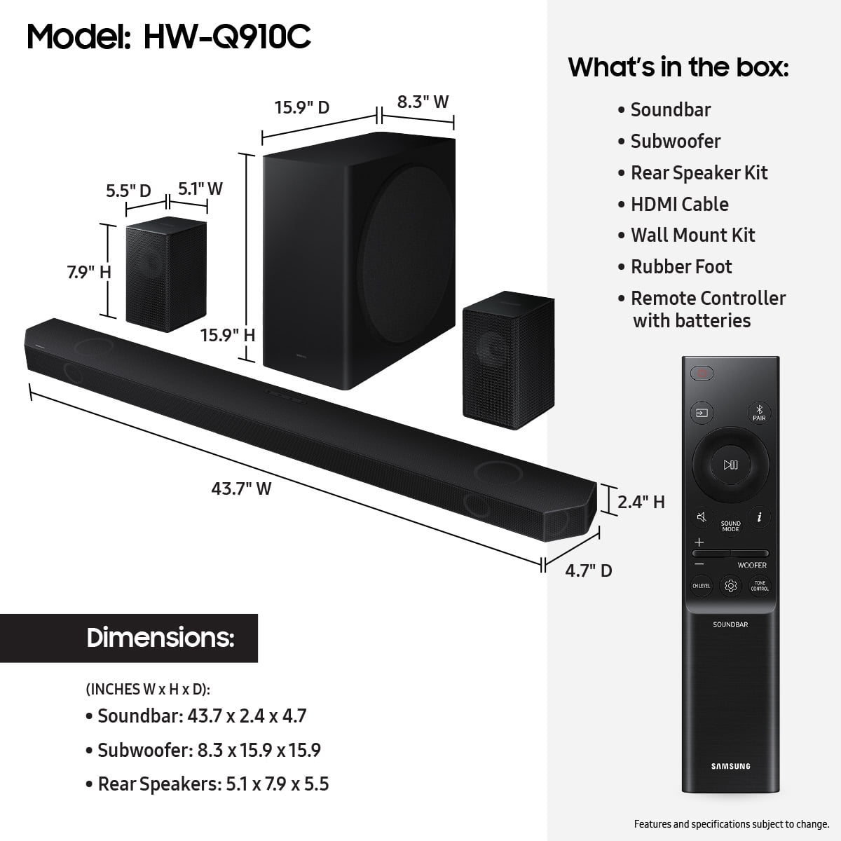 Samsung HW-Q910C Q-series 9.1.2 ch. Wireless Dolby ATMOS Soundbar (HW-Q910C, 2024 model)