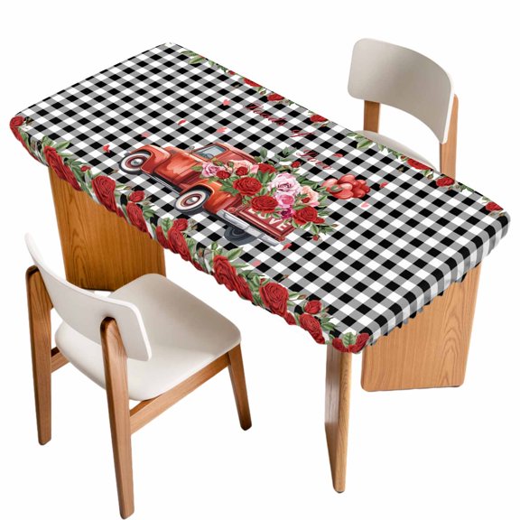 Roses Valentine's Day Table Cloths for 5 Foot Rectangle Tables, Farmhouse Floral Truck Plaid Patio Waterproof Elastic Fitted Tablecloths, Washable Rectangular Table Cover for Camping