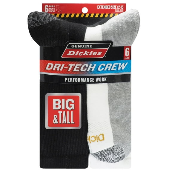 Dickies Men's Dritech Crew Sock, 6 Pack Black/White Size 12-15