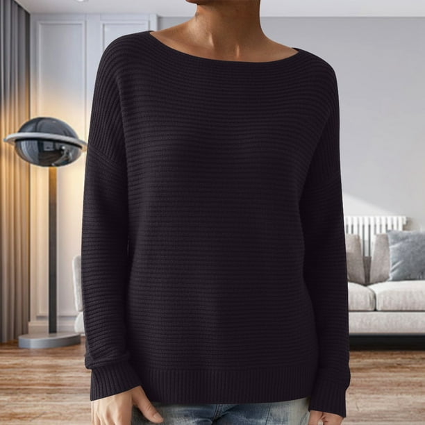 MHFRRA Camiseta Informal de Manga Larga de Punto Acanalado, Holgada, Cómoda y Suave, Básica para Otoño e Invierno. Negro