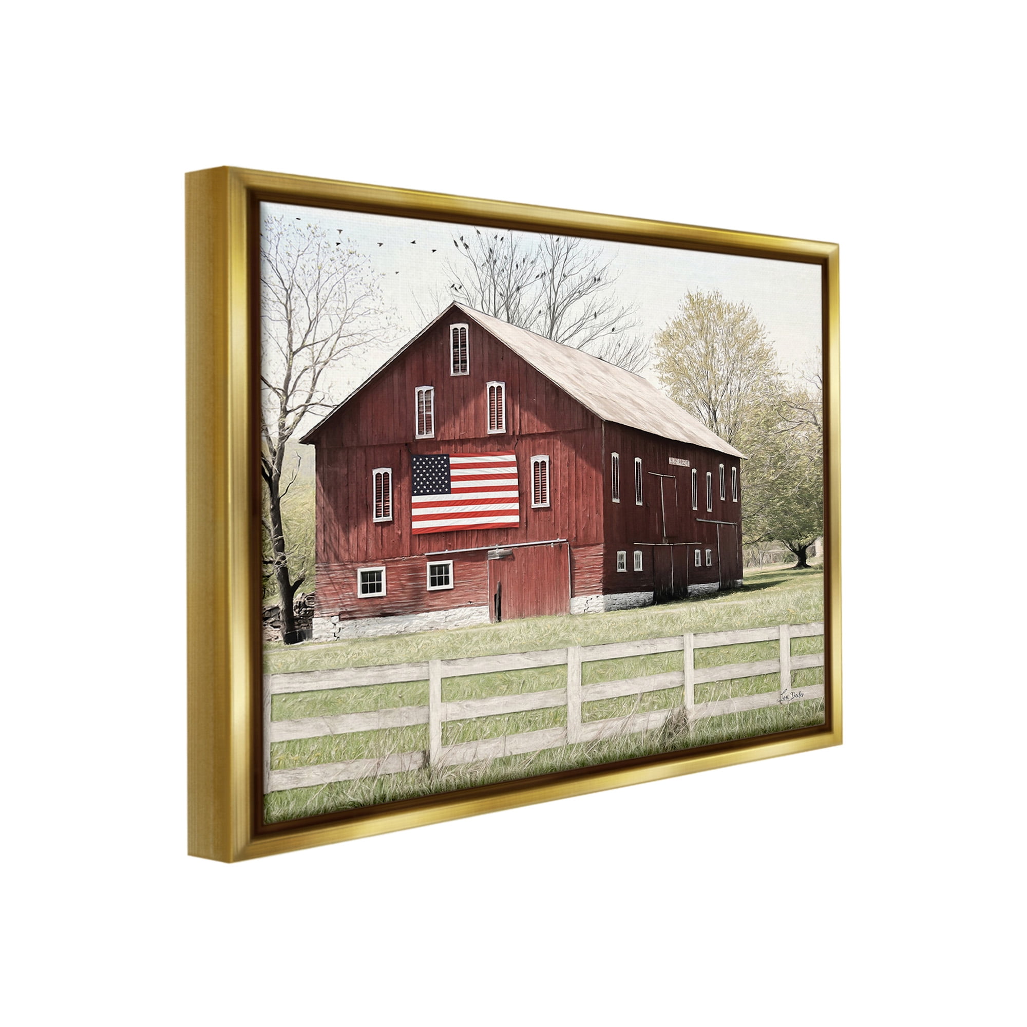 Stupell Industries Patriotic Barn Flag Landscape Painting Gold Floater Framed Canvas Art Print Wall Art, 31 x 25