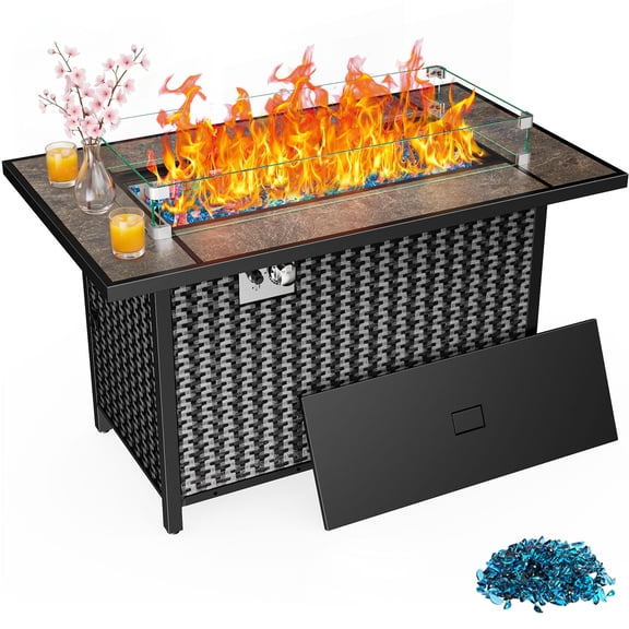 Philergo 43.2" Propane Fire Pit Table with Marble Tabletop, 52,000 BTU Rectangular Fire Pit with Glass Rock, Lid and Waterproof Cover for Outdoor, Patio Party