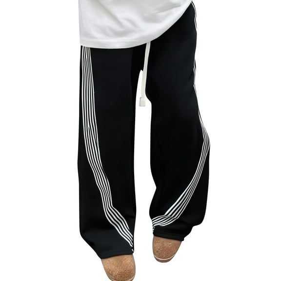 CharmCyan Casual Loose Fit Drawstring Waist Pants with Striped Side Detailing Comfortable Wide Leg Trousers for Everyday Wear Black L