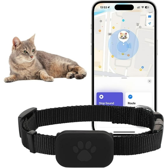 GPS Pet Tracker Collar - No Monthly Fee, Works with iOS/Android, IP67 Waterproof Dog & Cat Locator with 1  Year CR2032 Battery, Adjustable Nylon Collar, Real Time Tracking, Black