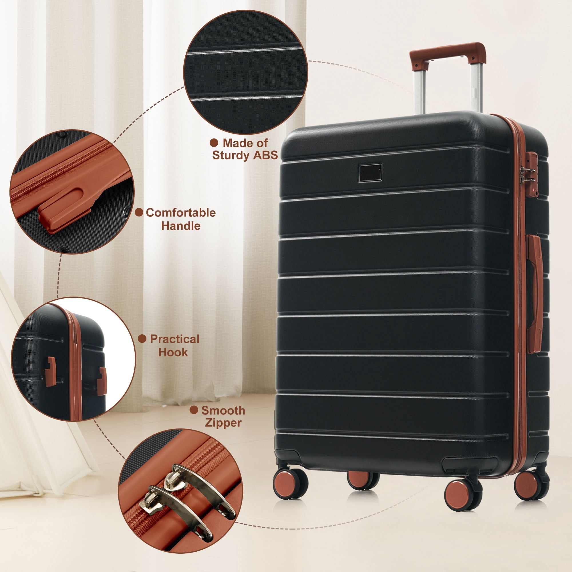 Euroco 6 Piece Luggage Sets, ABS Hardshell Suitcase Set with 2 Bags,Spinner Wheels & TSA Lock, Large Checked Travel Suitcases for Family,16/20/24/28 Inch,Black
