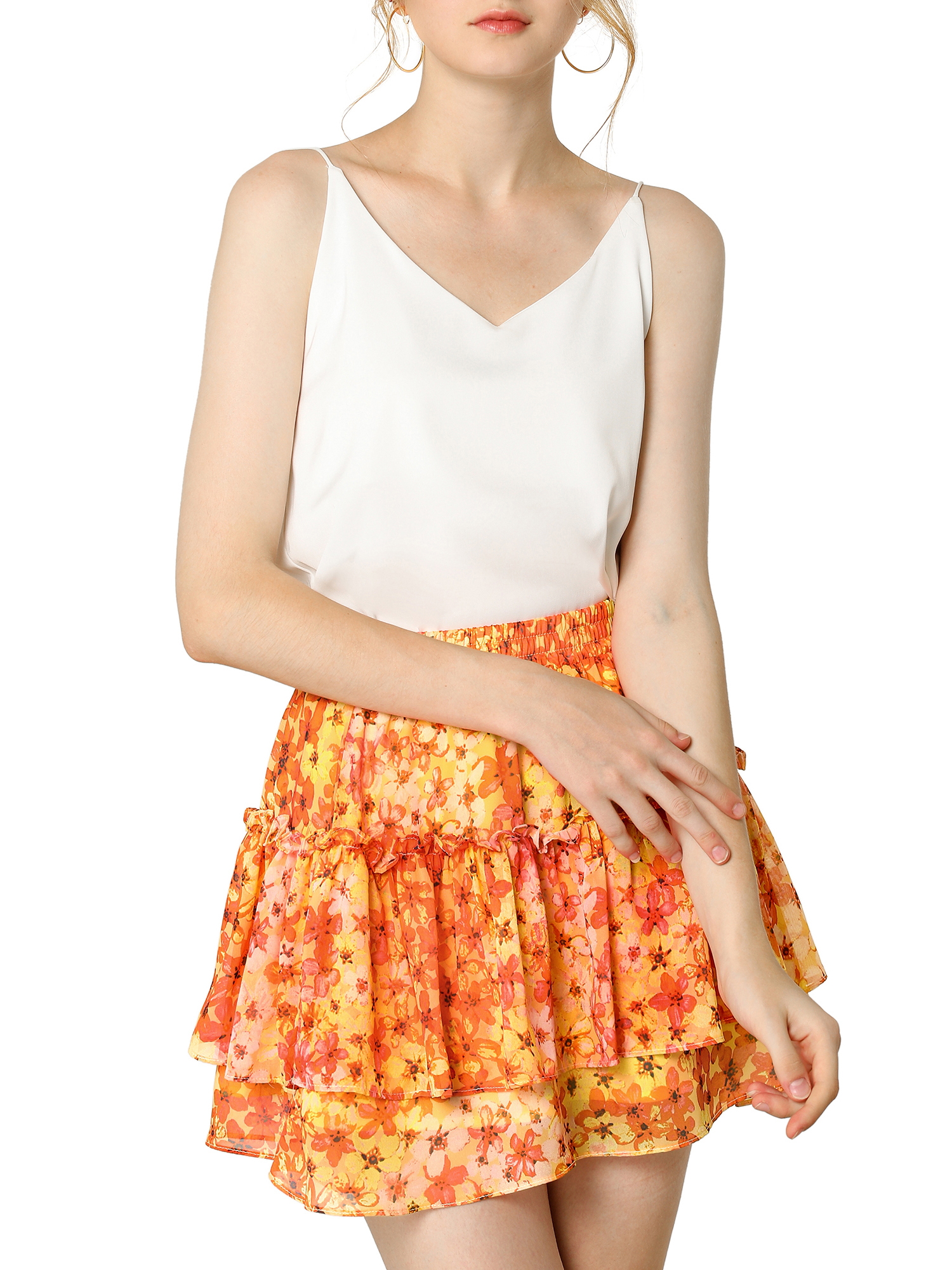 Unique Bargains Women's Fresh Floral Print Elastic Waist Layer Ruffle ALine Skirt