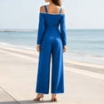 thumbnail image 6 of MexChoioe Womens Off Shoulder Jumpsuits Long Sleeve Contrast Trim Wide Leg Pocket Casual Vacation Rompers, 6 of 7