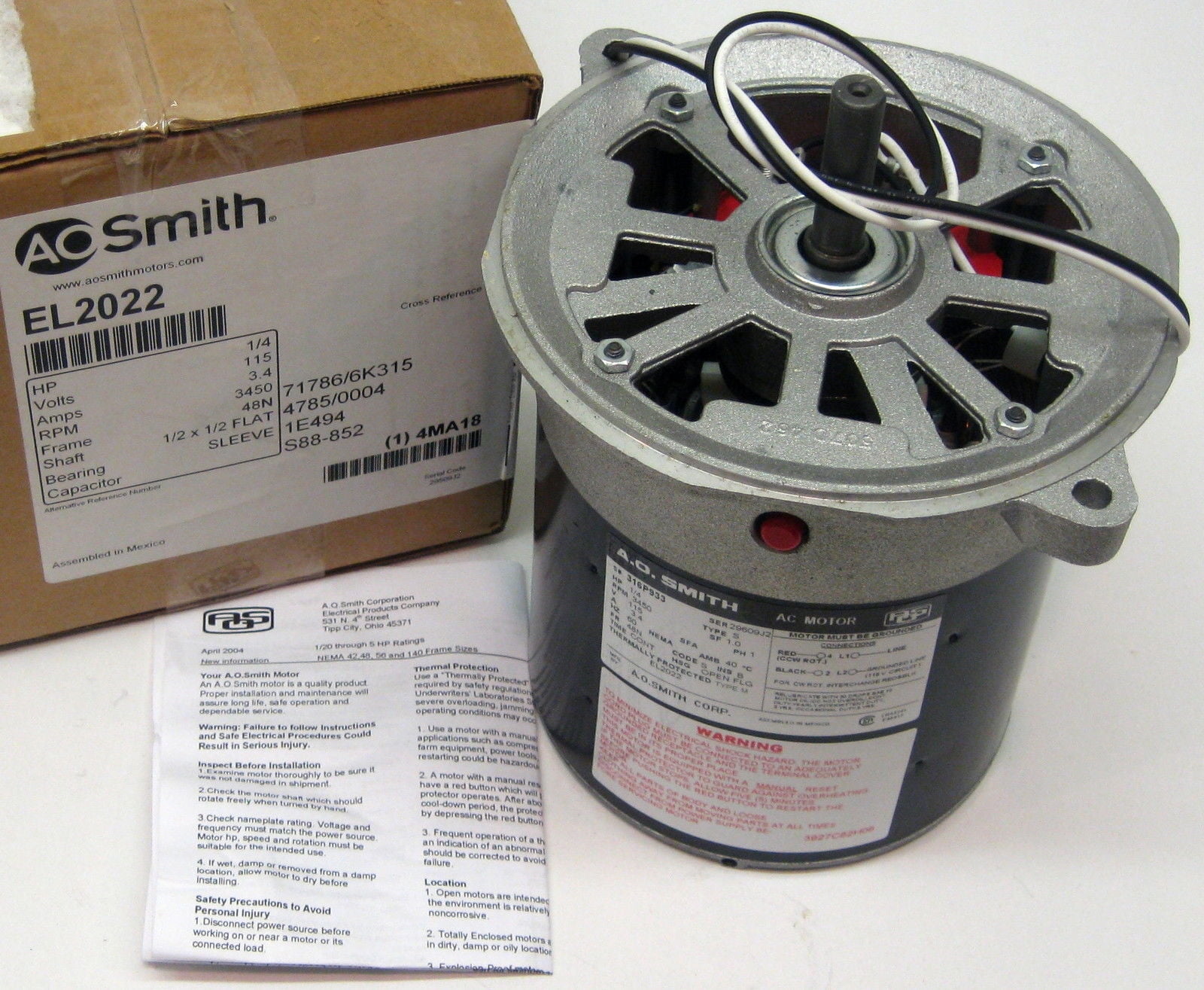 EL2022 AO Smith Oil Burner Motor 1/4 hp 3450 RPM 48N Frame 115 Volts