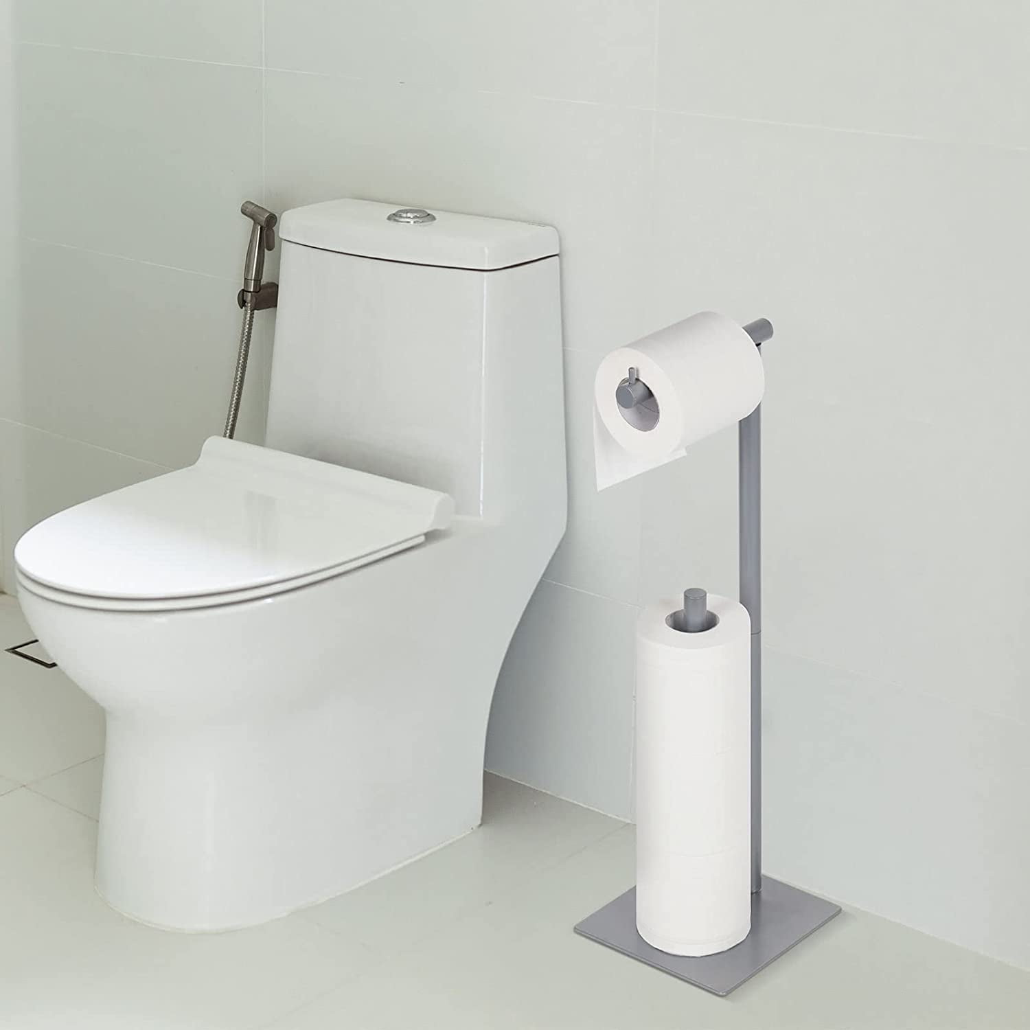 Freestanding Silver Toilet Paper Holder Stand with Reserve Storage Holder, Set of 2