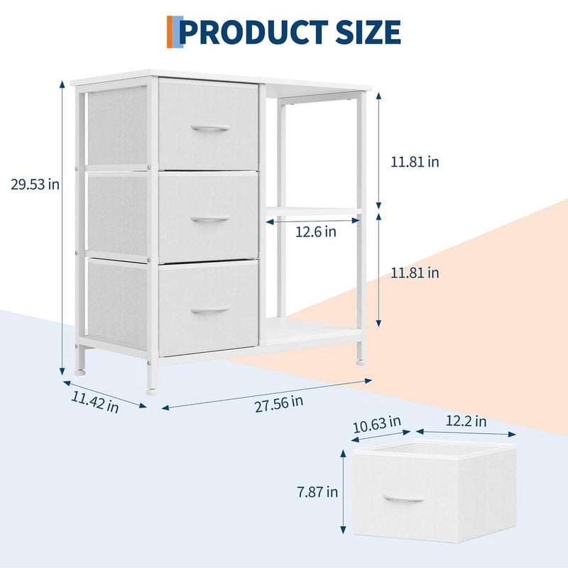 File Cabinet with 3 Drawers, Printer Stand with Open Shelves, Under Desk Storage Organizer for Home Office, Fabric Wood Top for Living Room