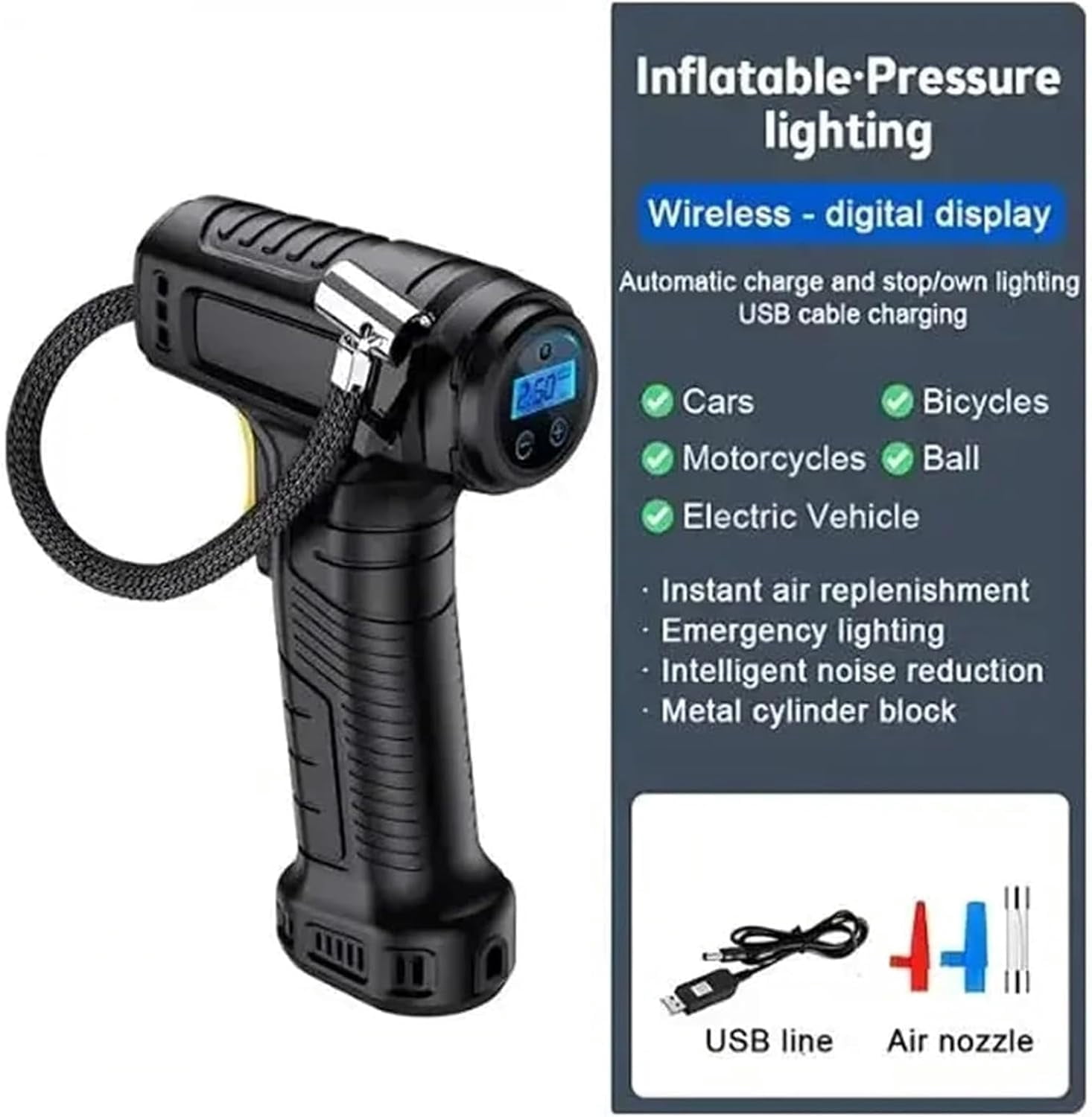 Portable Cordless Air Compressor with Digital Display, 150PSI Fast Tire Inflator with LED Light, Auto Stop Air Pump for Car Bike Motorcycle Balloons