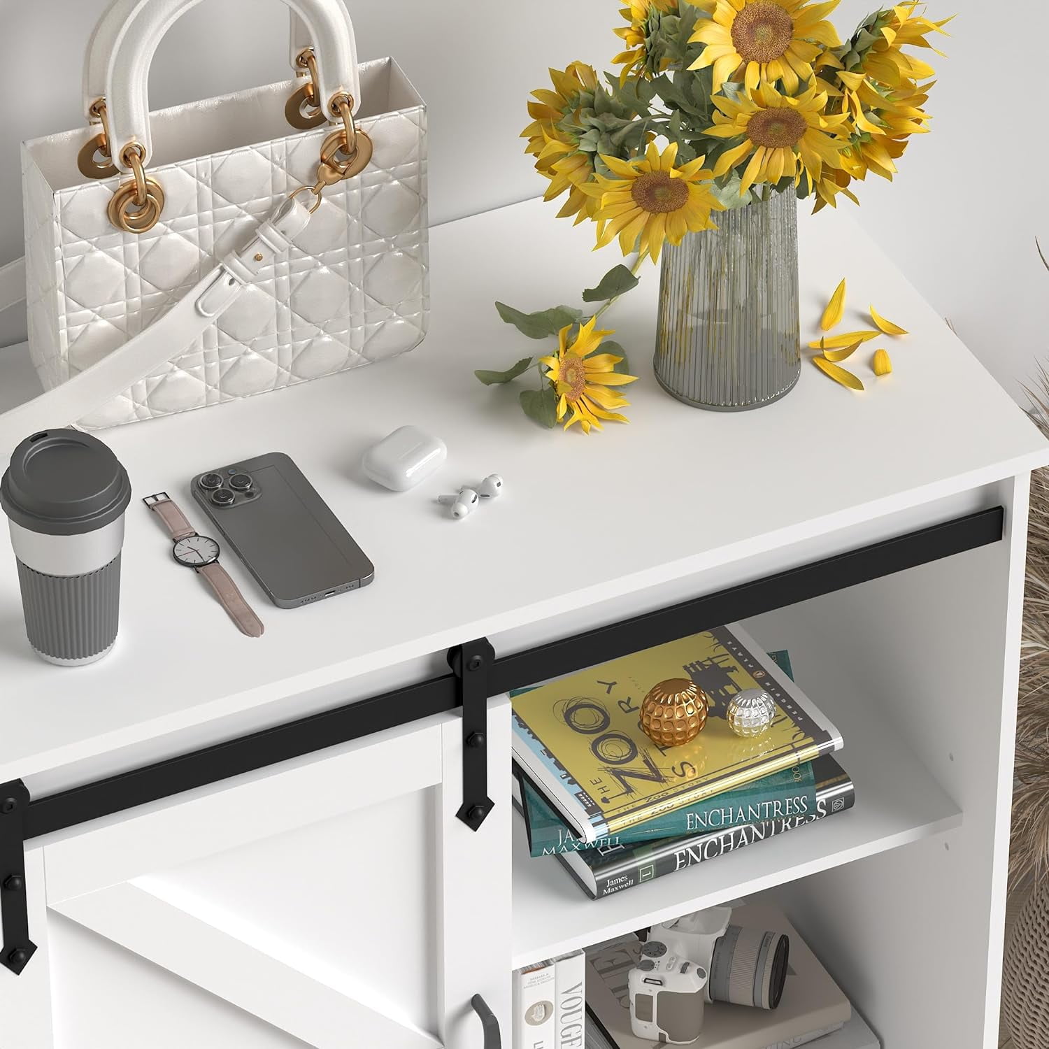 Chvans 31.5" Farmhouse Coffee Bar Cabinet with Storage, Aquarium Stand Fish Tank Table, White Kitchen Sideboard Cabinet with Sliding Barn Door, for Living Room, Entryway