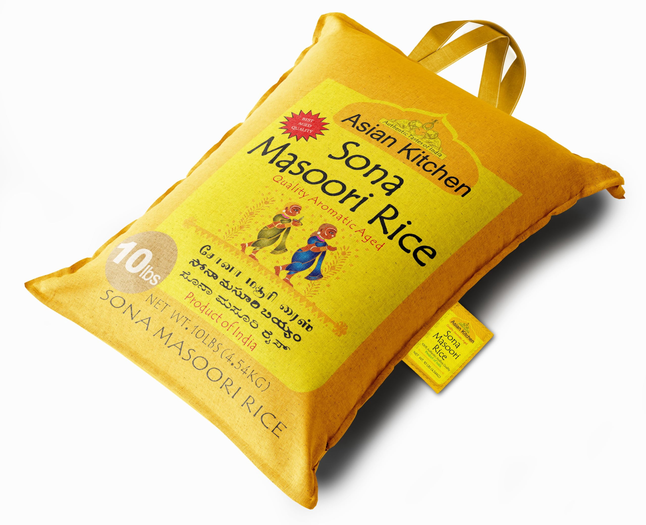 Asian Kitchen White Sona Masoori Aged Rice 10-Pound Bag, 10lbs (4.54kg) Short Grain Rice ~ All Natural | Gluten Friendly | Vegan | Indian Origin | Export Quality