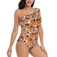 thumbnail image 3 of Sikiie Autumn Fox Pumpkin Lazy Print Women One Piece Swimsuits Tummy Control One Shoulder Bathing Suits Ruffle Swimwear, From S to XXL-Large, 3 of 6