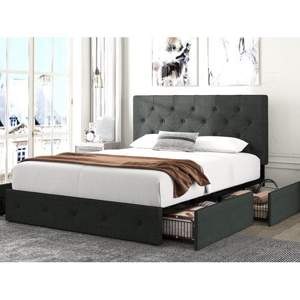 Amolife Queen Size Platform Bed Frame with Headboard and 4 Drawers