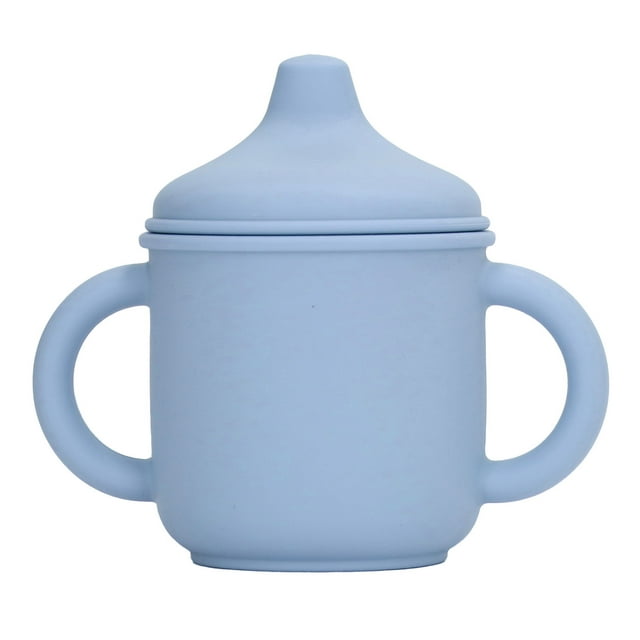 Taza de silicona a prueba de derrames, apta para lavavajillas y microondas, taza de entrenamiento con asas y tapa con boquilla para niños pequeños y bebés, color azul