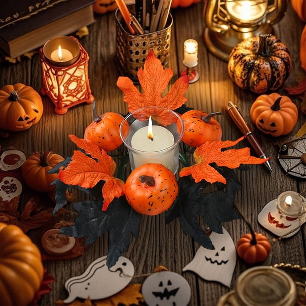 Candelabros de hojas de arce de simulación de otoño, corona de decoración de Halloween, adorno de mesa de plástico, copa de vela, corona, portavelas de plástico