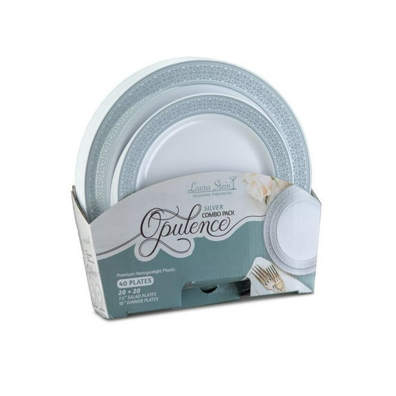 Party Source Silver Opulence Collection Tableware Set of 40 White Party Plates w/Silver Whimsical Border