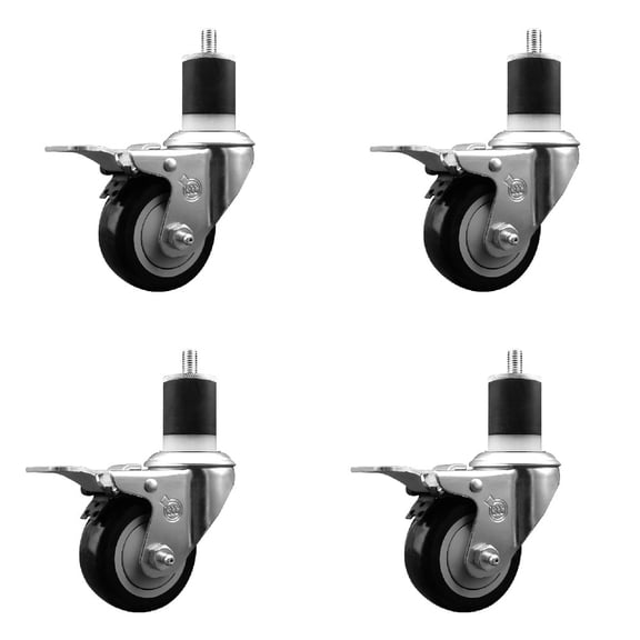 3 Inch Black Poly Swivel 1-7/8 Inch Expanding Stem Caster Set Total Lock Brake