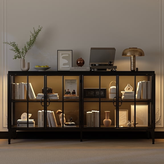 KULAGAGA 63" Wide Sideboard Buffet Cabinet with LED Lights and Glass Doors, Modern Storage Console Table with Glass Shelves for Living Room, Dining Room, Black